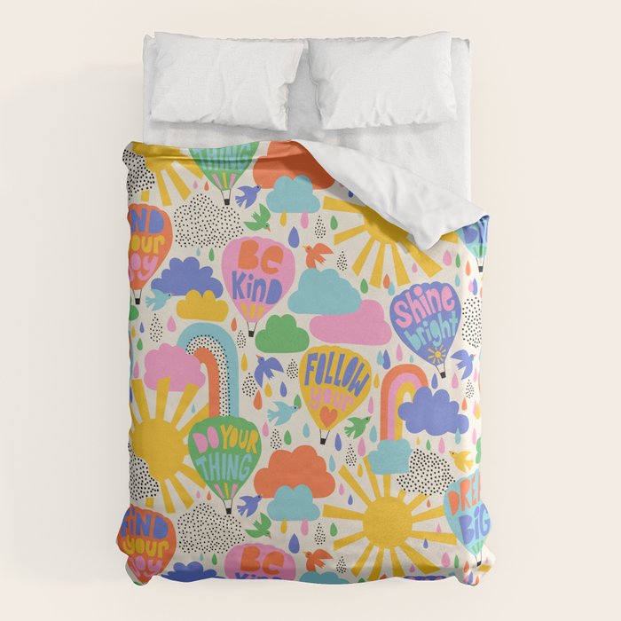 Hot Air Balloons In The Sky - Happy Kids Pattern with Positive Quotes Duvet Cover Gallery Image 1