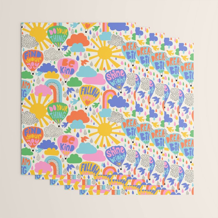 Hot Air Balloons In The Sky - Happy Kids Pattern with Positive Quotes Wrapping Paper Gallery Image 3