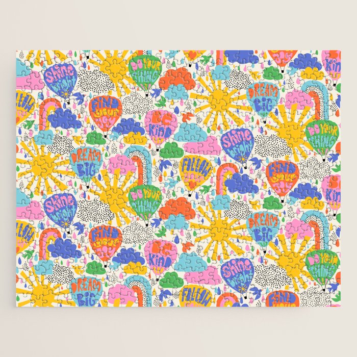 Hot Air Balloons In The Sky - Happy Kids Pattern with Positive Quotes Jigsaw Puzzle Gallery Image 1