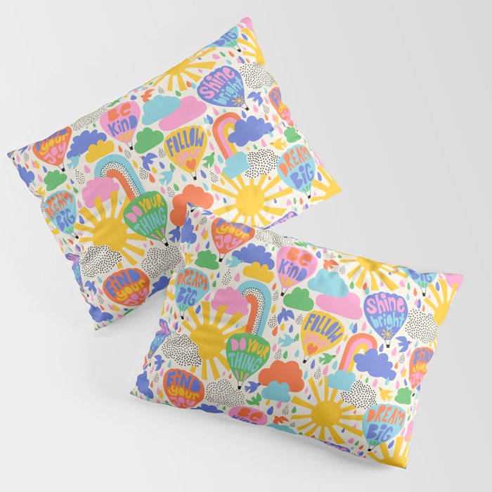 Hot Air Balloons In The Sky - Happy Kids Pattern with Positive Quotes Pillow Sham Gallery Image 1