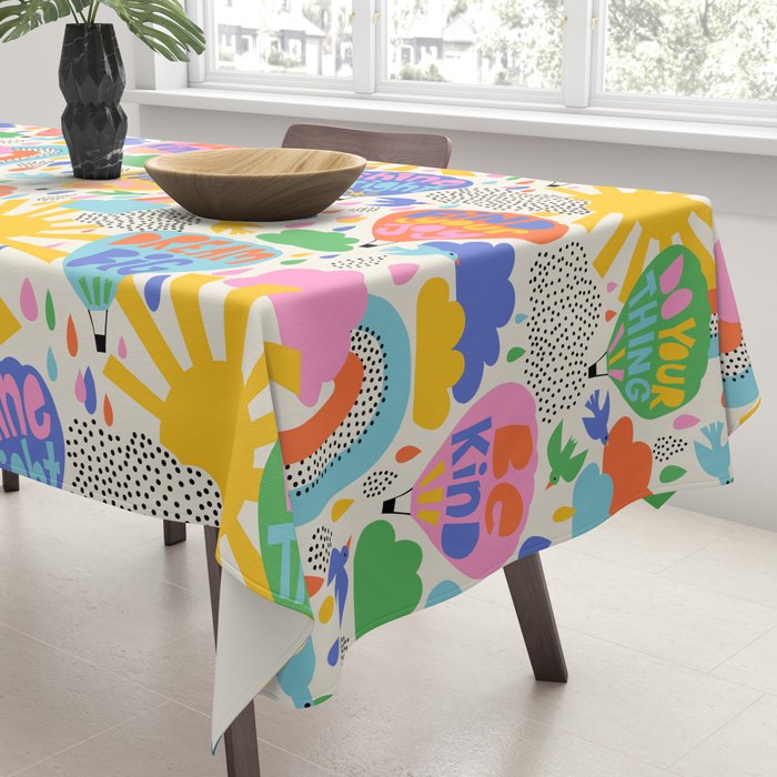 Hot Air Balloons In The Sky - Happy Kids Pattern with Positive Quotes Tablecloth Gallery Image 3
