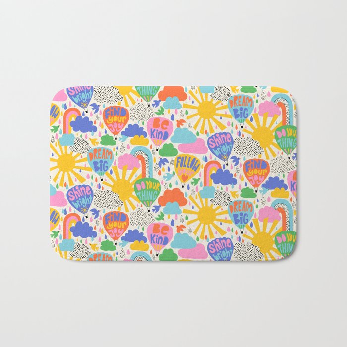 Hot Air Balloons In The Sky - Happy Kids Pattern with Positive Quotes Bath Mat Gallery Image 1