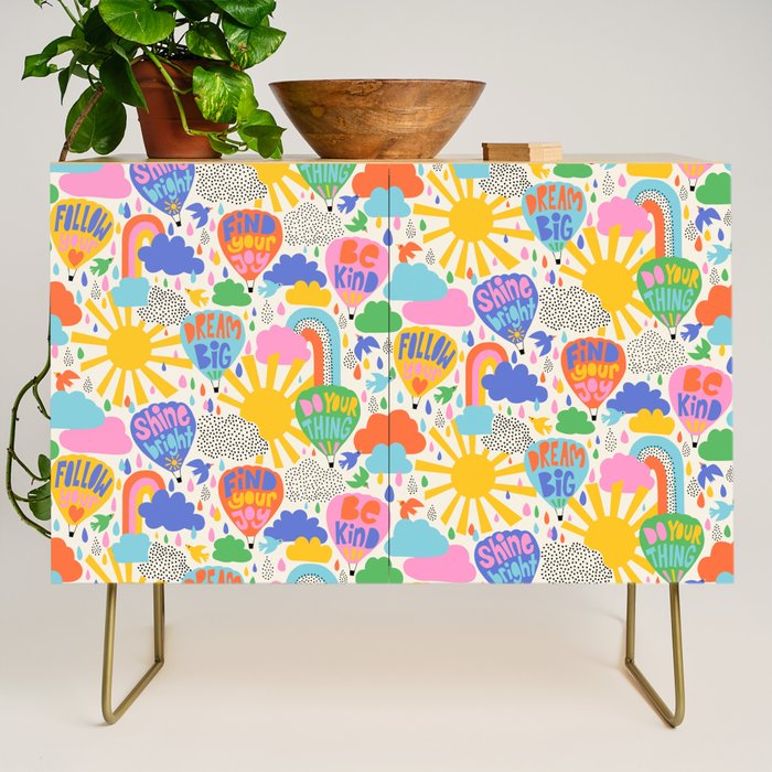 Hot Air Balloons In The Sky - Happy Kids Pattern with Positive Quotes Credenza Gallery Image 1