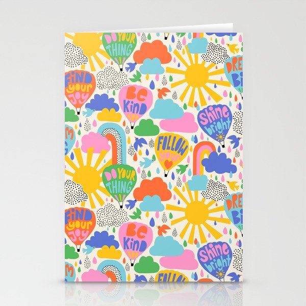Hot Air Balloons In The Sky - Happy Kids Pattern with Positive Quotes Stationery Card Gallery Image 1