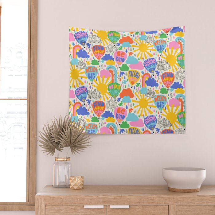 Hot Air Balloons In The Sky - Happy Kids Pattern with Positive Quotes Wall Tapestry Gallery Image 2