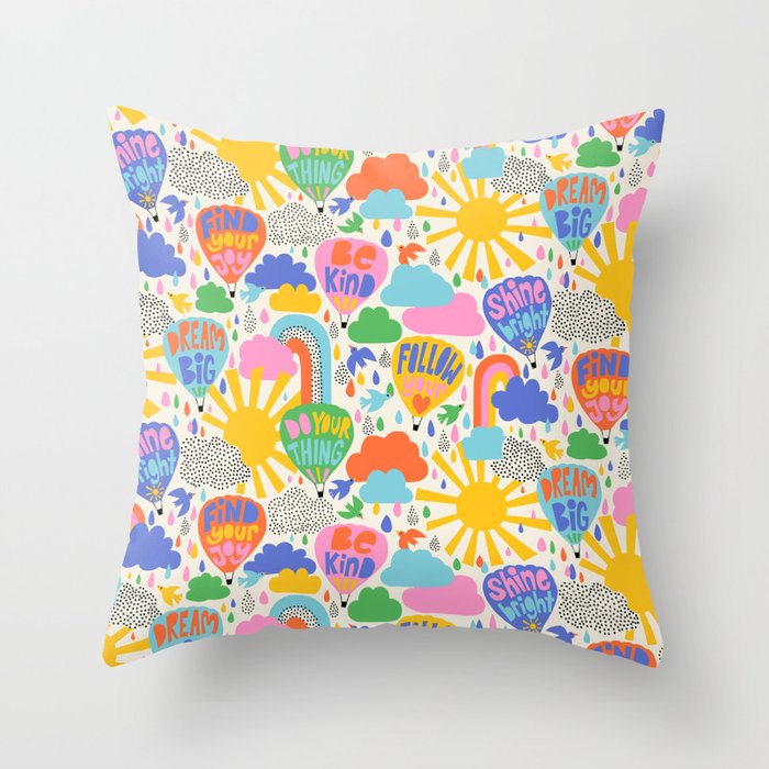 Hot Air Balloons In The Sky - Happy Kids Pattern with Positive Quotes Throw Pillow Gallery Image 6