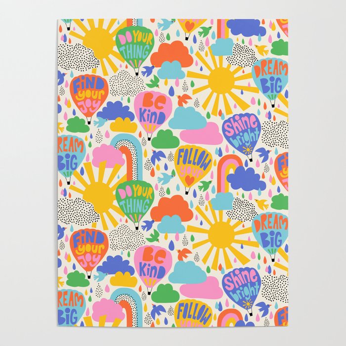 Hot Air Balloons In The Sky - Happy Kids Pattern with Positive Quotes Poster Gallery Image 4