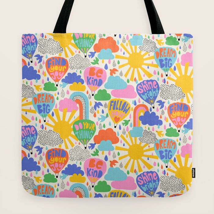 Hot Air Balloons In The Sky - Happy Kids Pattern with Positive Quotes Tote Bag Gallery Image 2