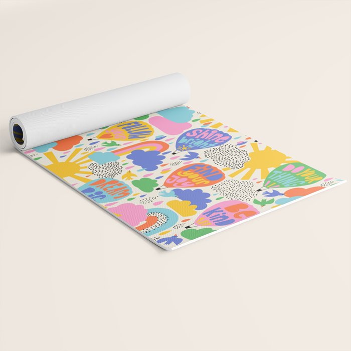 Hot Air Balloons In The Sky - Happy Kids Pattern with Positive Quotes Yoga Mat Gallery Image 2