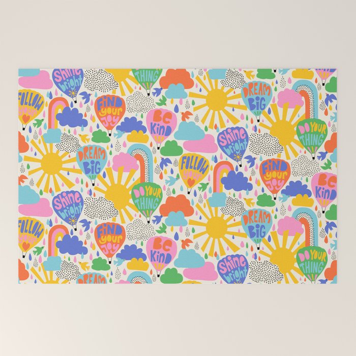 Hot Air Balloons In The Sky - Happy Kids Pattern with Positive Quotes Welcome Mat Gallery Image 2