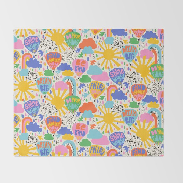 Hot Air Balloons In The Sky - Happy Kids Pattern with Positive Quotes Throw Blanket Gallery Image 2