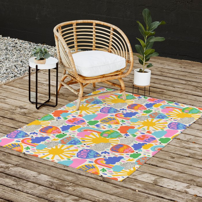 Hot Air Balloons In The Sky - Happy Kids Pattern with Positive Quotes Outdoor Rug Gallery Image 2