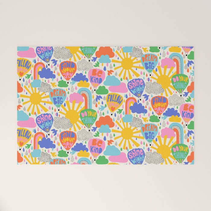 Hot Air Balloons In The Sky - Happy Kids Pattern with Positive Quotes Welcome Mat Gallery Image 1