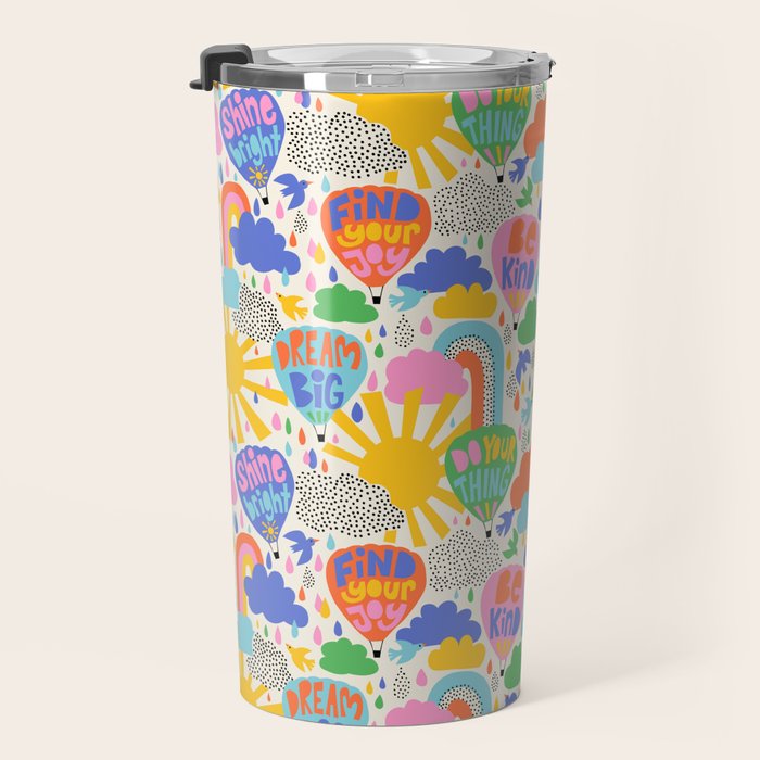 Hot Air Balloons In The Sky - Happy Kids Pattern with Positive Quotes Travel Mug Gallery Image 3
