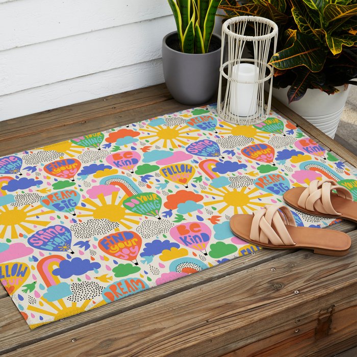 Hot Air Balloons In The Sky - Happy Kids Pattern with Positive Quotes Outdoor Rug Gallery Image 2