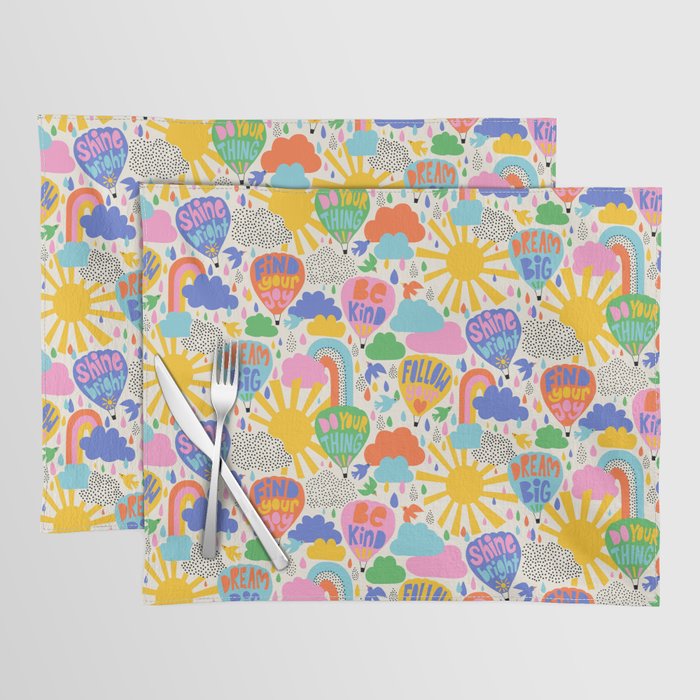 Hot Air Balloons In The Sky - Happy Kids Pattern with Positive Quotes Placemat Gallery Image 1