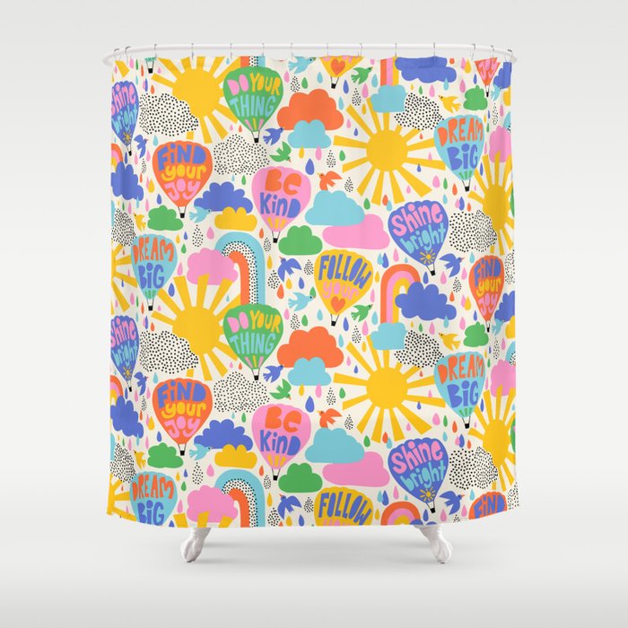 Hot Air Balloons In The Sky - Happy Kids Pattern with Positive Quotes Shower Curtain Gallery Image 1