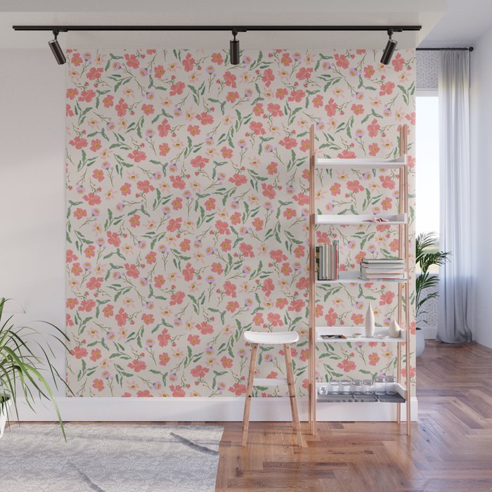 A breath of fresh air - A seamless floral pattern in pinks and reds Wall Mural Gallery Image 1