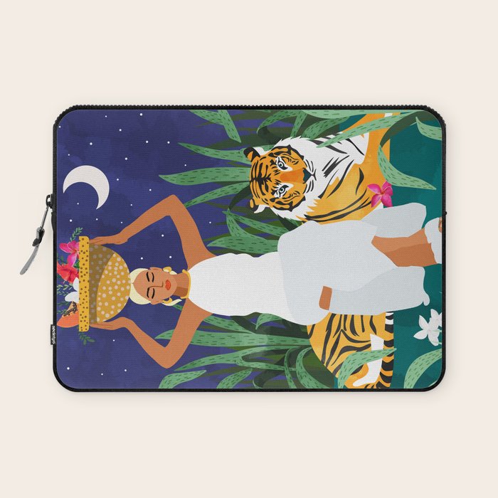 Tiger Camping, Wildlife Wild Jungle Illustration, Modern Bohemian Black Woman, Starry Night Moon Laptop Sleeve Gallery Image 1
