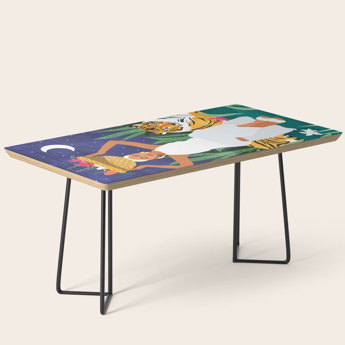 Tiger Camping, Wildlife Wild Jungle Illustration, Modern Bohemian Black Woman, Starry Night Moon Coffee Table Gallery Image 1