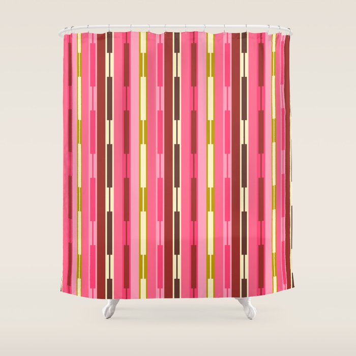 Eclectic Geo Chain Vertical Stripes Retro Contemporary Pattern in Pink Brown Moss Shower Curtain Gallery Image 1