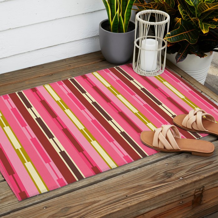 Eclectic Geo Chain Vertical Stripes Retro Contemporary Pattern in Pink Brown Moss Outdoor Rug Gallery Image 2