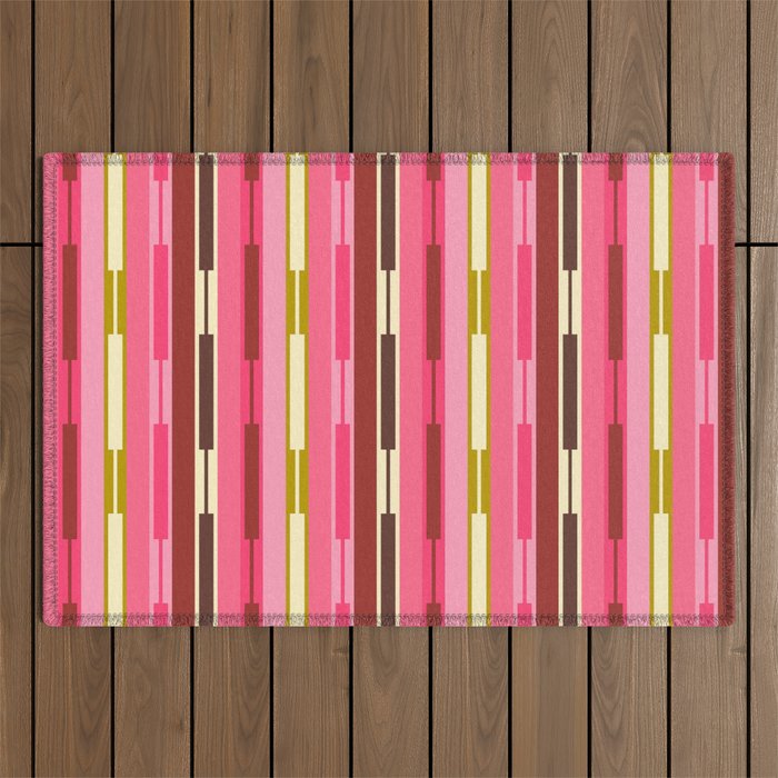 Eclectic Geo Chain Vertical Stripes Retro Contemporary Pattern in Pink Brown Moss Outdoor Rug Gallery Image 1