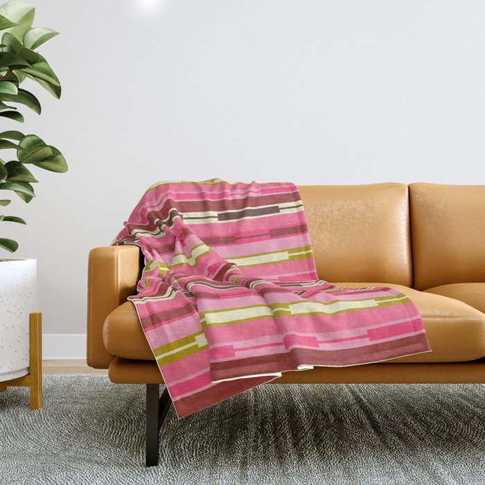 Eclectic Geo Chain Vertical Stripes Retro Contemporary Pattern in Pink Brown Moss Throw Blanket Gallery Image 1