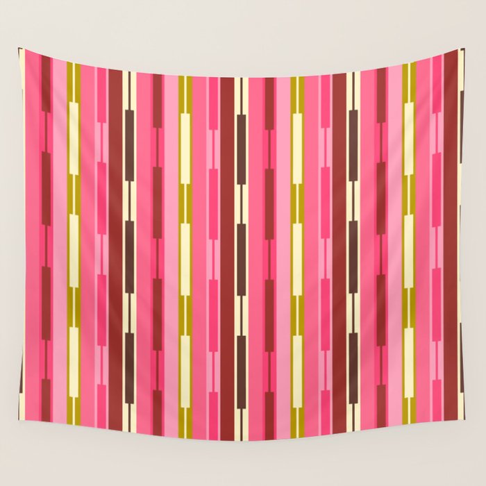 Eclectic Geo Chain Vertical Stripes Retro Contemporary Pattern in Pink Brown Moss Wall Tapestry Gallery Image 1