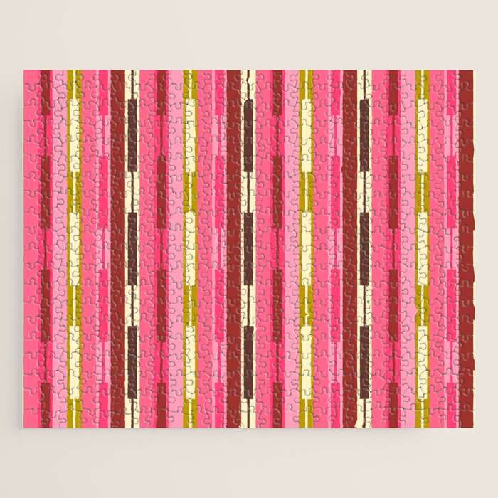 Eclectic Geo Chain Vertical Stripes Retro Contemporary Pattern in Pink Brown Moss Jigsaw Puzzle Gallery Image 1