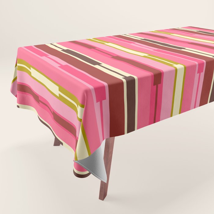 Eclectic Geo Chain Vertical Stripes Retro Contemporary Pattern in Pink Brown Moss Tablecloth Gallery Image 1