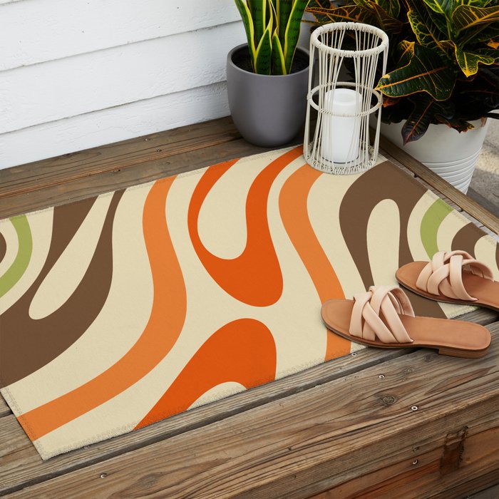 Wavy Loops Abstract Pattern in Retro Orange Brown Green Outdoor Rug Gallery Image 2
