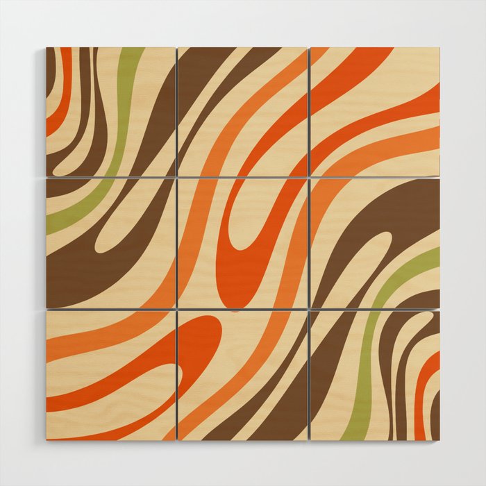 Wavy Loops Abstract Pattern in Retro Orange Brown Green Wood Wall Art Gallery Image 1