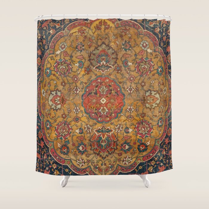 Persian Medallion Rug VI // 16th Century Distressed Red Green Blue Flowery Colorful Ornate Pattern Shower Curtain Gallery Image 1