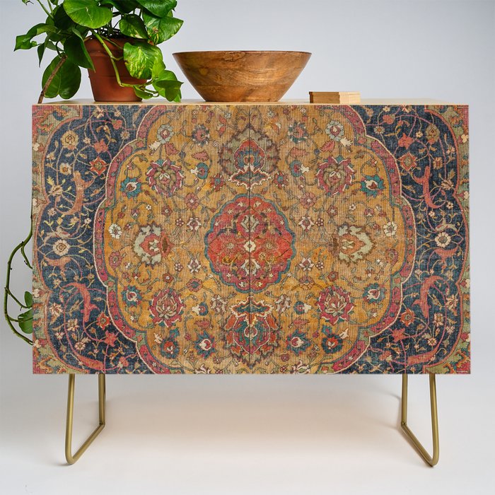Persian Medallion Rug VI // 16th Century Distressed Red Green Blue Flowery Colorful Ornate Pattern Credenza Gallery Image 1