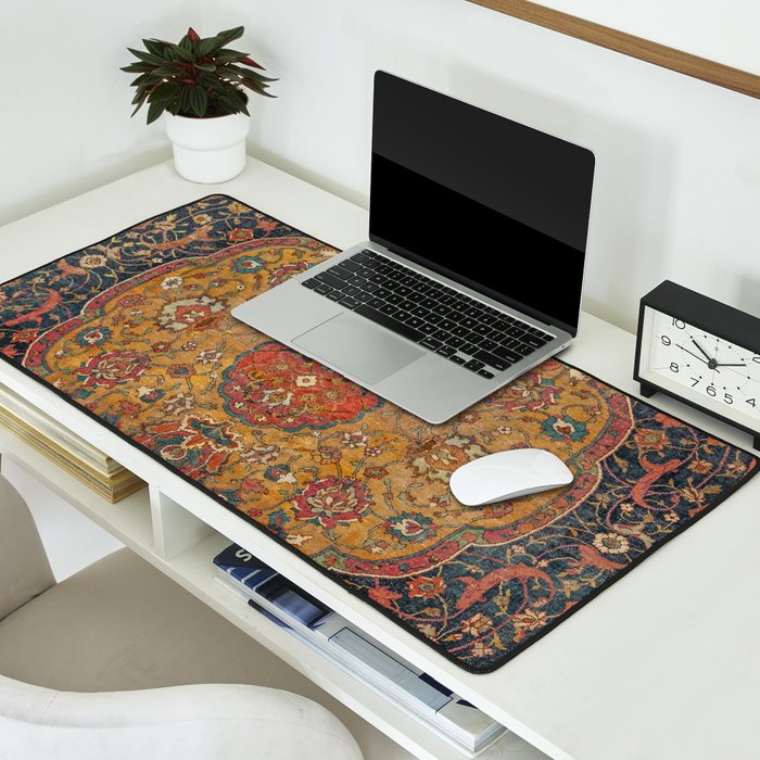 Persian Medallion Rug VI // 16th Century Distressed Red Green Blue Flowery Colorful Ornate Pattern Desk Mat Gallery Image 2