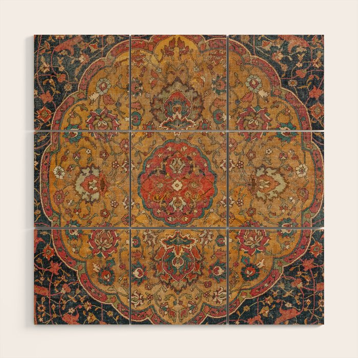 Persian Medallion Rug VI // 16th Century Distressed Red Green Blue Flowery Colorful Ornate Pattern Wood Wall Art Gallery Image 1