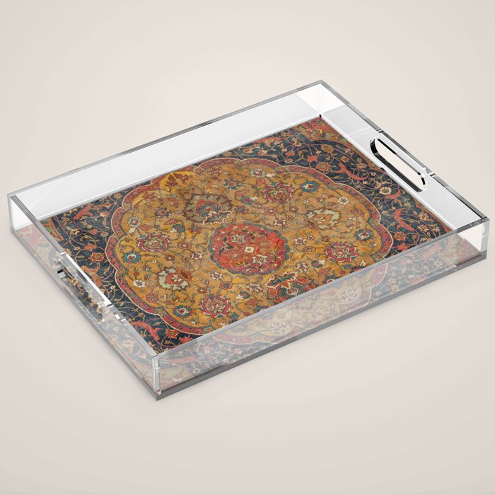 Persian Medallion Rug VI // 16th Century Distressed Red Green Blue Flowery Colorful Ornate Pattern Acrylic Tray Gallery Image 1