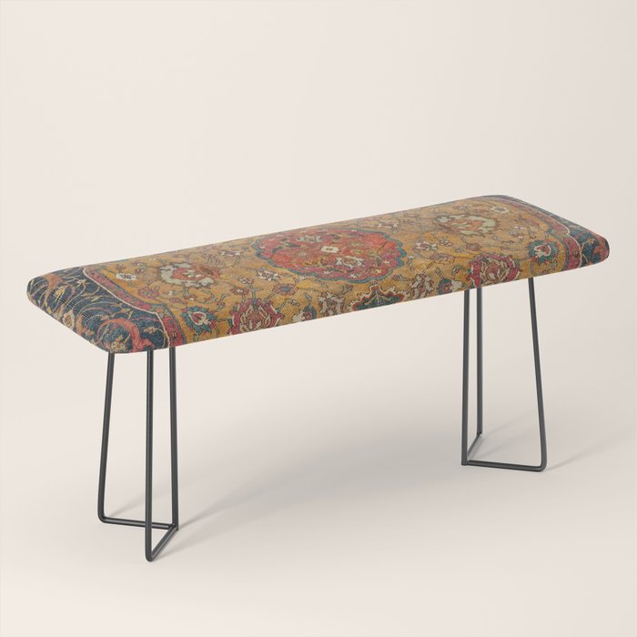 Persian Medallion Rug VI // 16th Century Distressed Red Green Blue Flowery Colorful Ornate Pattern Bench Gallery Image 1