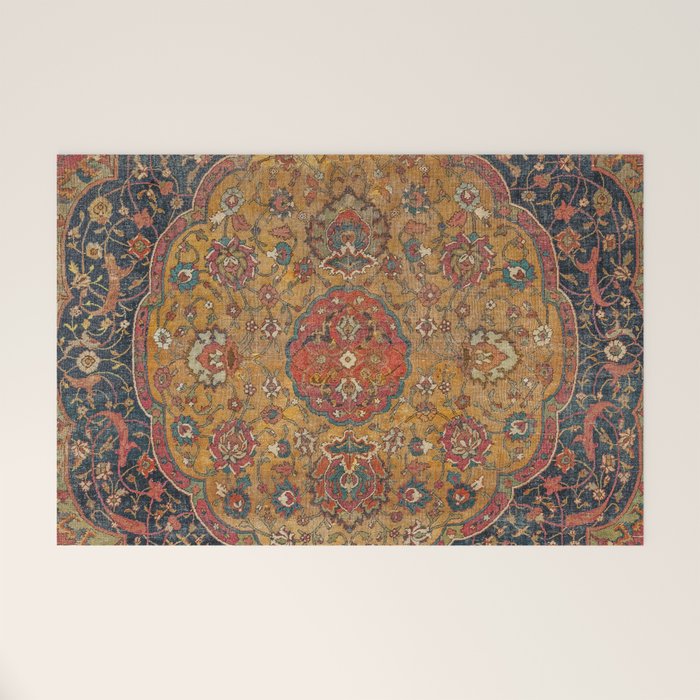 Persian Medallion Rug VI // 16th Century Distressed Red Green Blue Flowery Colorful Ornate Pattern Welcome Mat Gallery Image 1