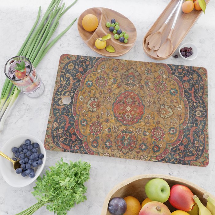 Persian Medallion Rug VI // 16th Century Distressed Red Green Blue Flowery Colorful Ornate Pattern Cutting Board Gallery Image 2