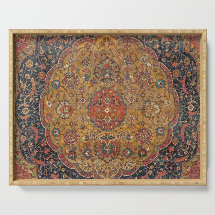 Persian Medallion Rug VI // 16th Century Distressed Red Green Blue Flowery Colorful Ornate Pattern Serving Tray Gallery Image 1