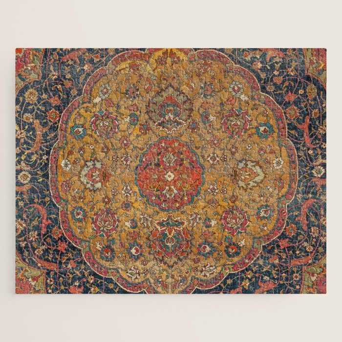 Persian Medallion Rug VI // 16th Century Distressed Red Green Blue Flowery Colorful Ornate Pattern Jigsaw Puzzle Gallery Image 1