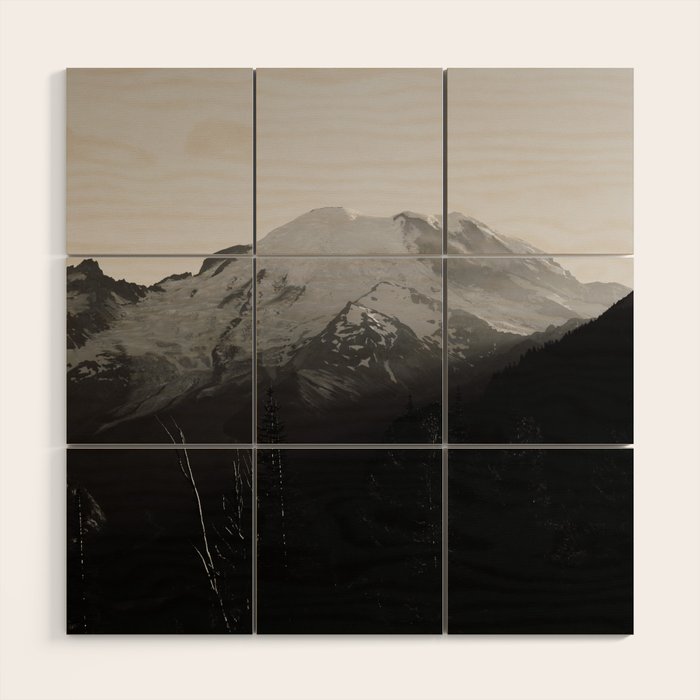 Mount Rainier Black and White Wood Wall Art Gallery Image 1