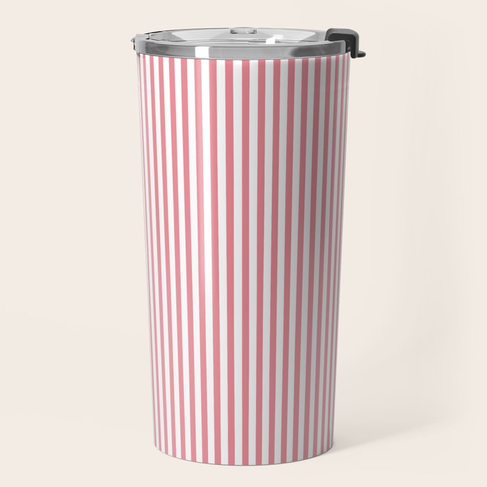 Ultra Fine Stripes Narrow Vertical Stripe Pattern in Fresh Cottage Pink and White Travel Mug Gallery Image 2
