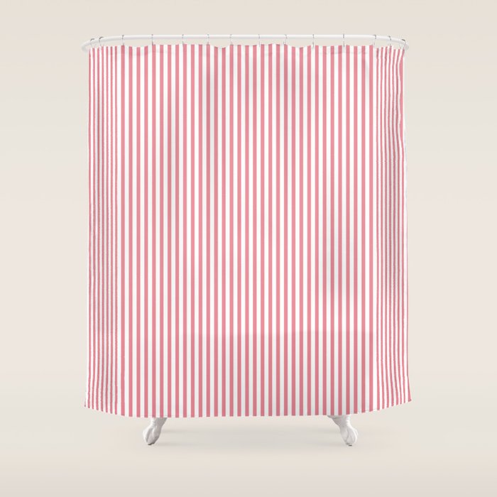 Ultra Fine Stripes Narrow Vertical Stripe Pattern in Fresh Cottage Pink and White Shower Curtain Gallery Image 1