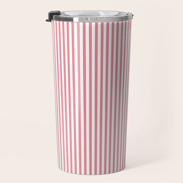 Ultra Fine Stripes Narrow Vertical Stripe Pattern in Fresh Cottage Pink and White Travel Mug Gallery Image 3