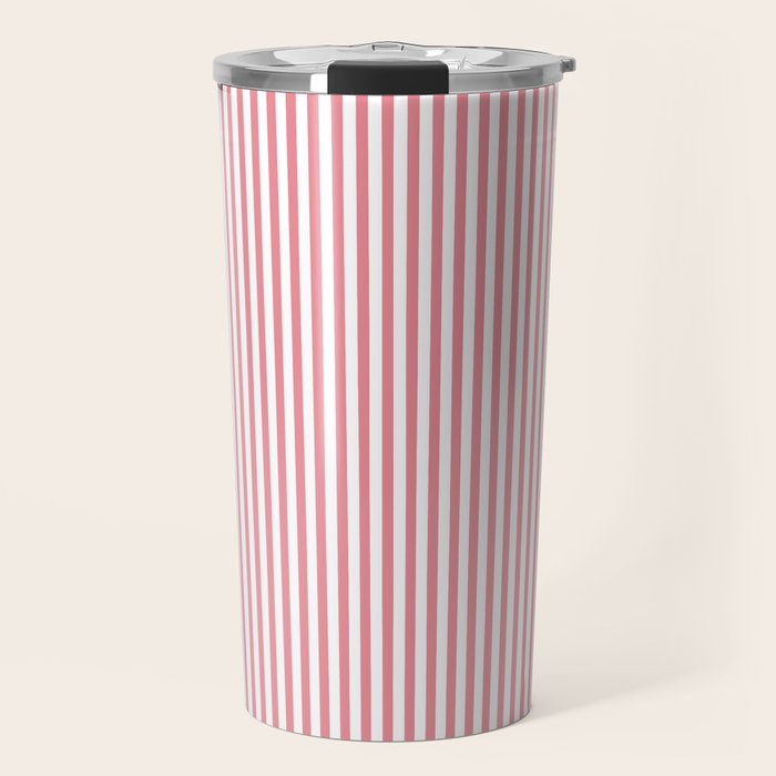 Ultra Fine Stripes Narrow Vertical Stripe Pattern in Fresh Cottage Pink and White Travel Mug Gallery Image 1