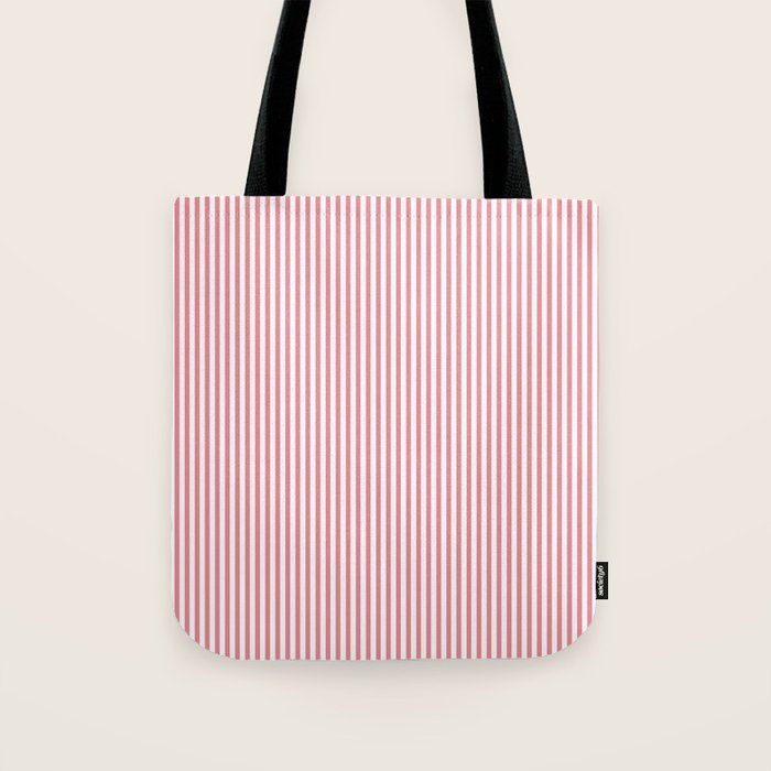 Ultra Fine Stripes Narrow Vertical Stripe Pattern in Fresh Cottage Pink and White Tote Bag Gallery Image 1