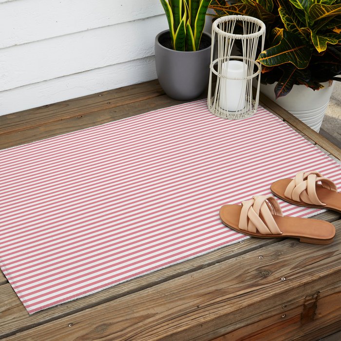Ultra Fine Stripes Narrow Vertical Stripe Pattern in Fresh Cottage Pink and White Outdoor Rug Gallery Image 2